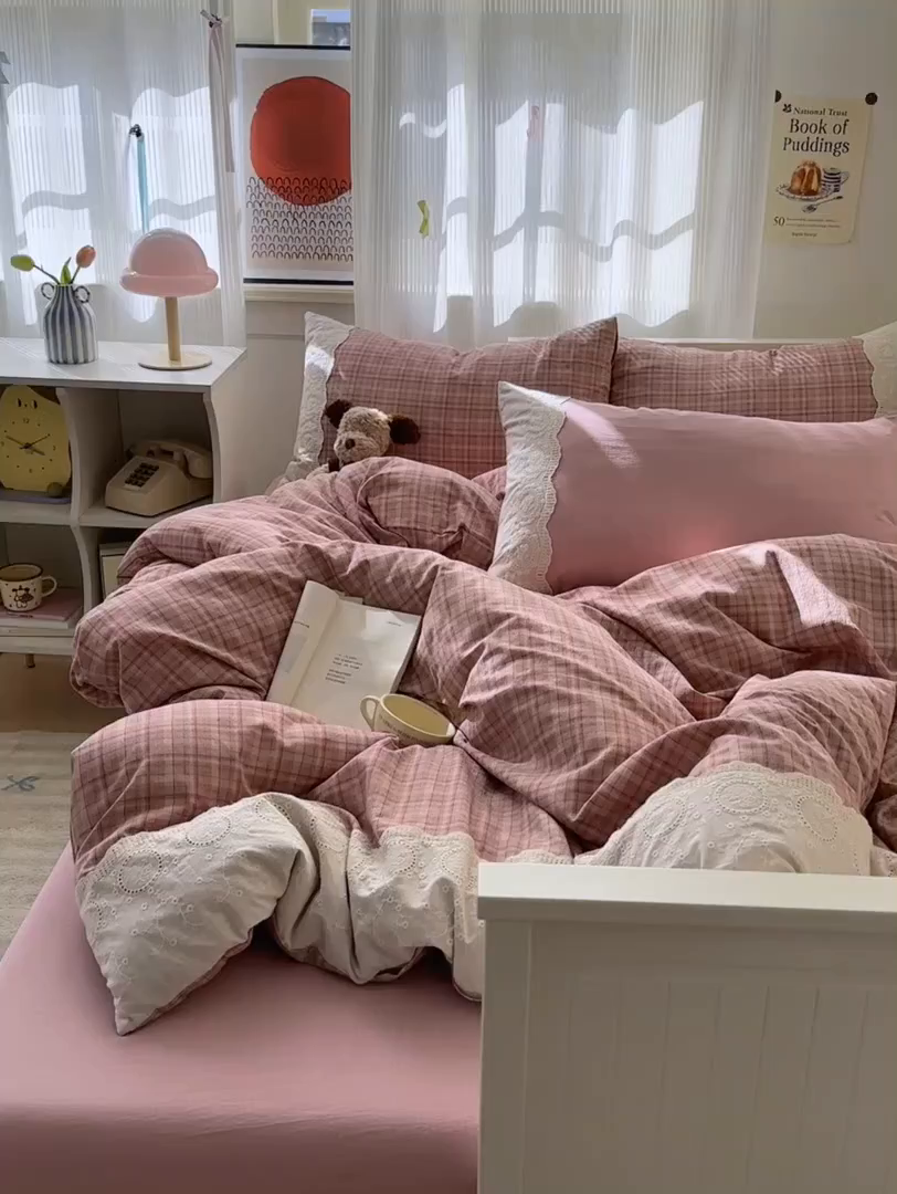 91家纺网 家纺一手货源 找家纺 上尚居 2025新款高克重法式复古无印风亚麻原麻四件套 格韵-粉