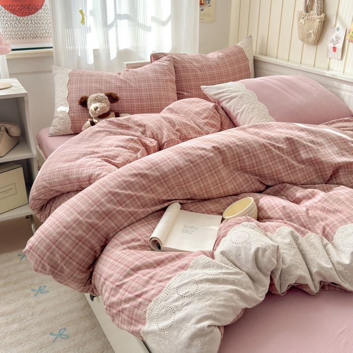 91家纺网 家纺一手货源 找家纺 上尚居 2025新款高克重法式复古无印风亚麻原麻四件套 格韵-粉