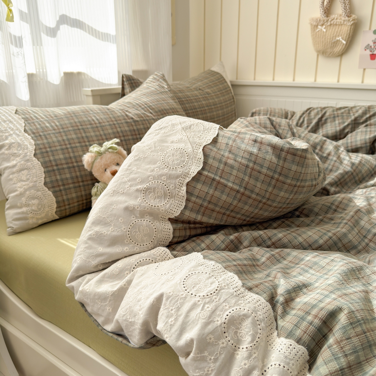 91家纺网 家纺一手货源 找家纺 上尚居 2025新款高克重法式复古无印风亚麻原麻四件套 格韵-绿