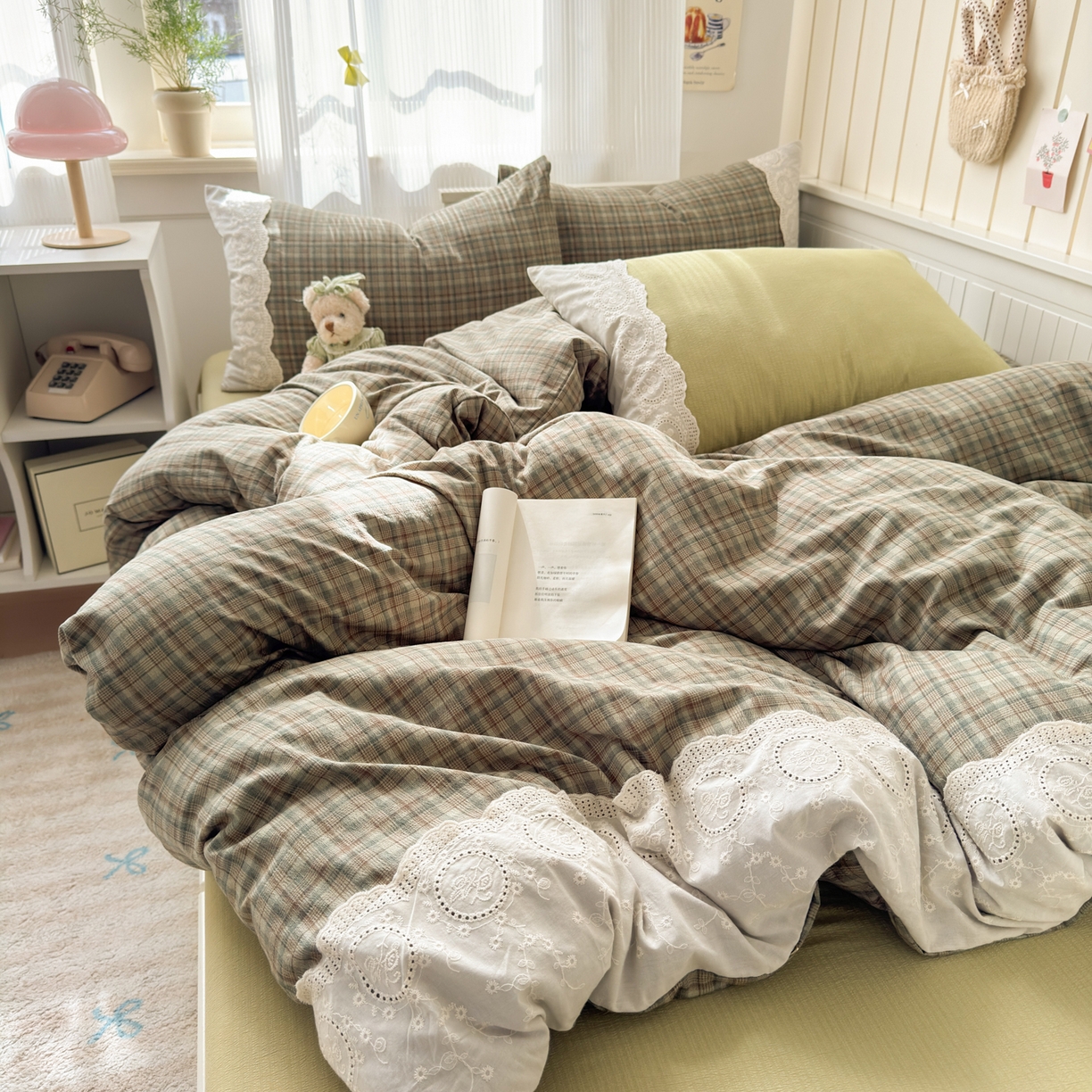 91家纺网 家纺一手货源 找家纺 上尚居 2025新款高克重法式复古无印风亚麻原麻四件套 格韵-绿