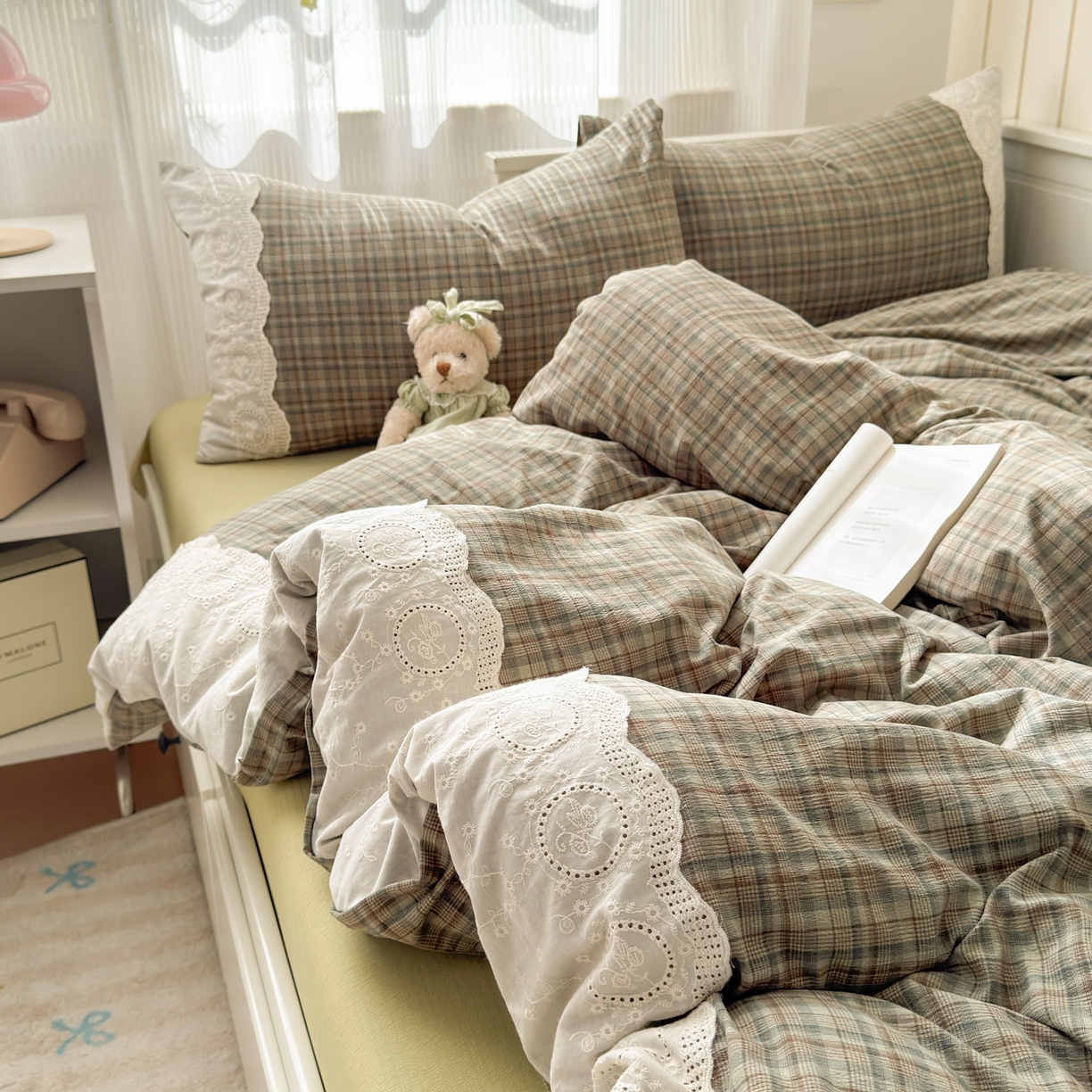 91家纺网 家纺一手货源 找家纺 上尚居 2025新款高克重法式复古无印风亚麻原麻四件套 格韵-绿