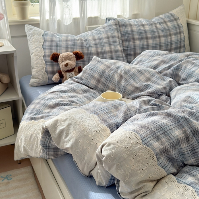 91家纺网 家纺一手货源 找家纺 上尚居 2025新款高克重法式复古无印风亚麻原麻四件套 格韵-蓝