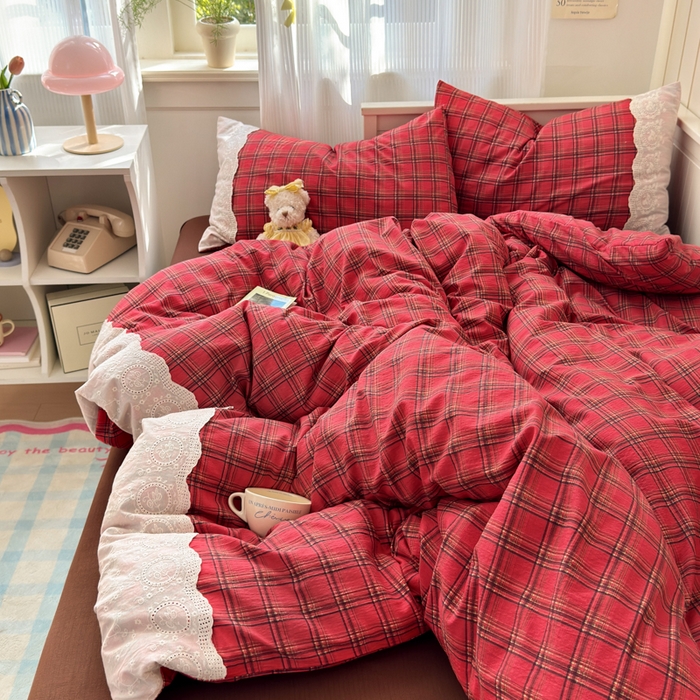 91家纺网 家纺一手货源 找家纺 上尚居 2025新款高克重法式复古无印风亚麻原麻四件套 格韵-红