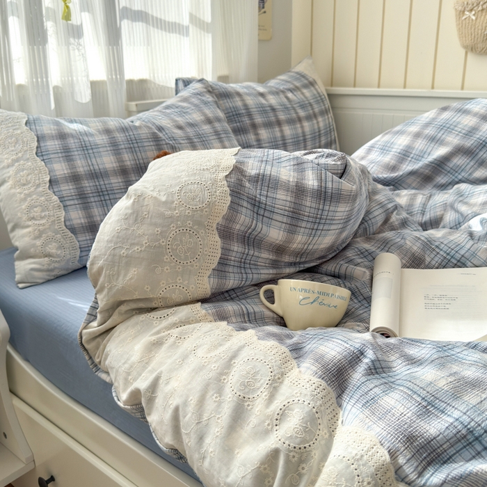 91家纺网 家纺一手货源 找家纺 上尚居 2025新款高克重法式复古无印风亚麻原麻四件套 格韵-蓝