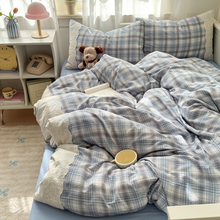 91家纺网 家纺一手货源 找家纺 上尚居 2025新款高克重法式复古无印风亚麻原麻四件套 格韵-蓝