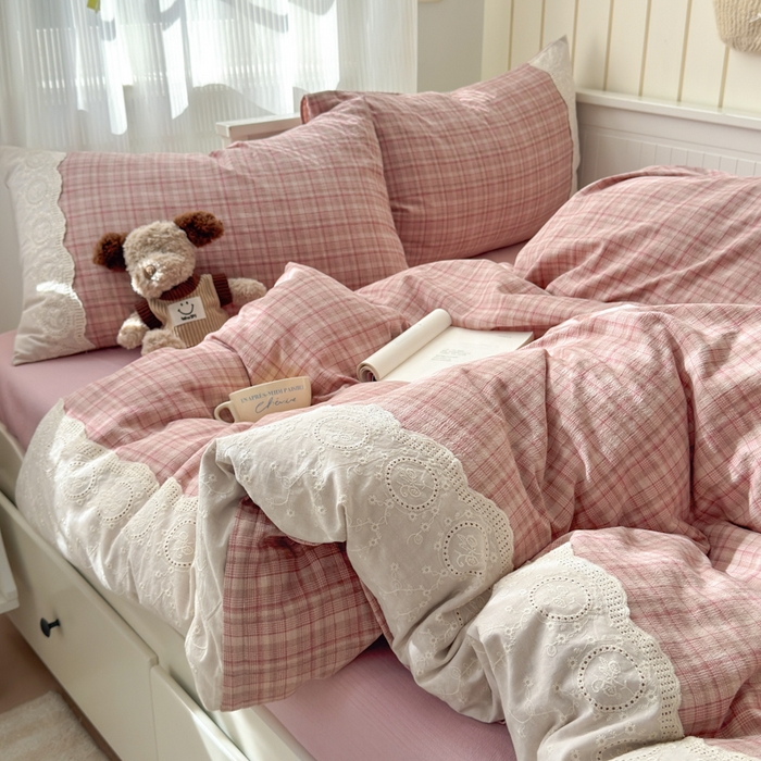 91家纺网 家纺一手货源 找家纺 上尚居 2025新款高克重法式复古无印风亚麻原麻四件套 格韵-粉