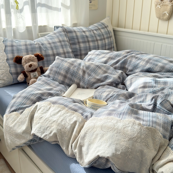 上尚居 2025新款高克重法式复古无印风亚麻原麻四件套 格韵-蓝