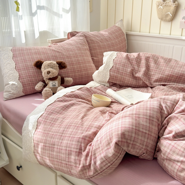 91家纺网 家纺一手货源 找家纺 上尚居 2025新款高克重法式复古无印风亚麻原麻四件套 格韵-粉