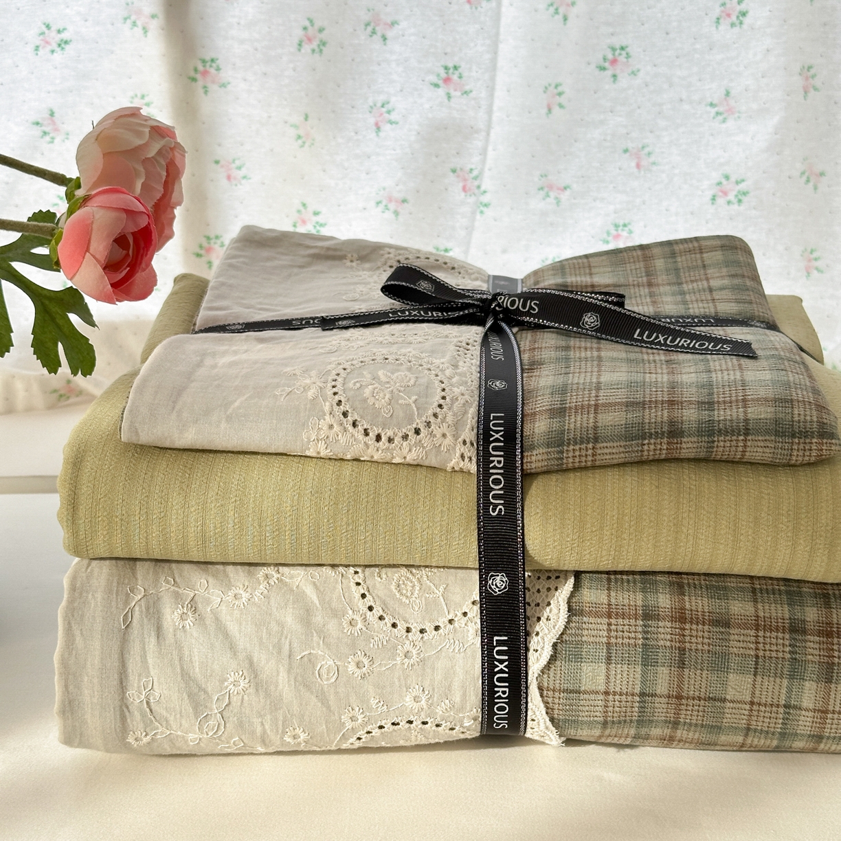 91家纺网 家纺一手货源 找家纺 上尚居 2025新款高克重法式复古无印风亚麻原麻四件套 格韵-绿