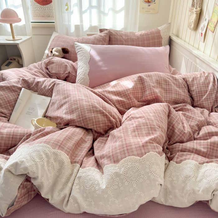 91家纺网 家纺一手货源 找家纺 上尚居 2025新款高克重法式复古无印风亚麻原麻四件套 格韵-粉