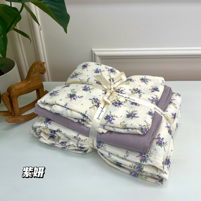 91家纺网 家纺一手货源 找家纺 源启生活 2025新款全棉A类双层皱皱纱四件套 紫嫣
