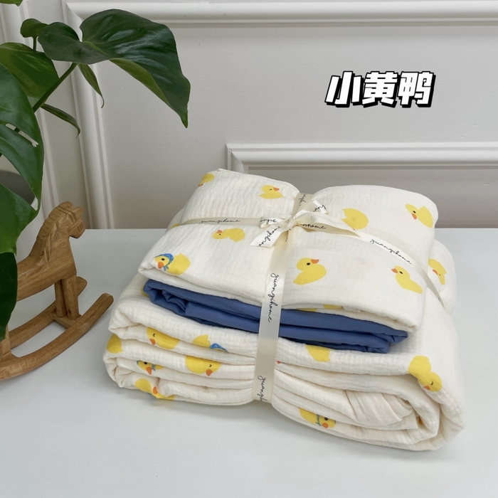 91家纺网 家纺一手货源 找家纺 源启生活 2025新款全棉A类双层皱皱纱四件套 小黄鸭