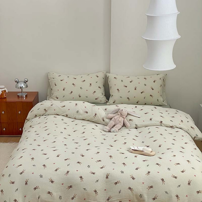 91家纺网 家纺一手货源 找家纺 源启生活 2025新款全棉A类双层皱皱纱四件套 兔斯基