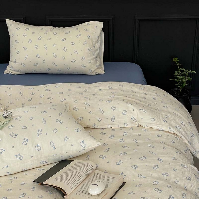 91家纺网 家纺一手货源 找家纺 源启生活 2025新款全棉A类双层皱皱纱四件套 奶油兔兔