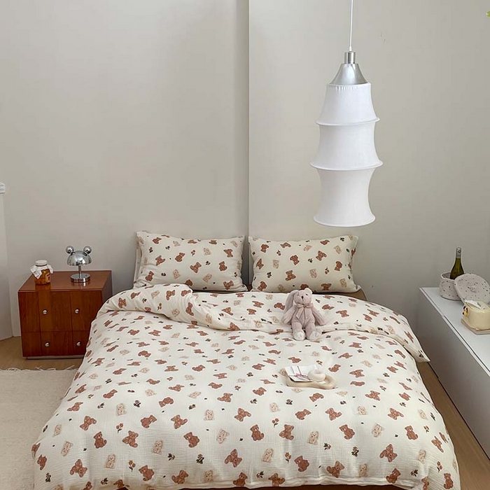 91家纺网 家纺一手货源 找家纺 源启生活 2025新款全棉A类双层皱皱纱四件套 呆萌熊