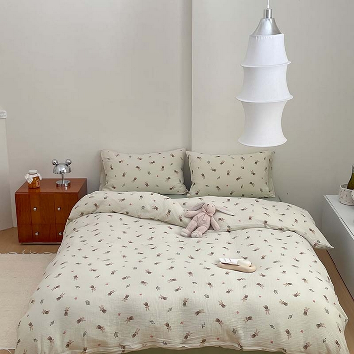 91家纺网 家纺一手货源 找家纺 源启生活 2025新款全棉A类双层皱皱纱四件套 兔斯基