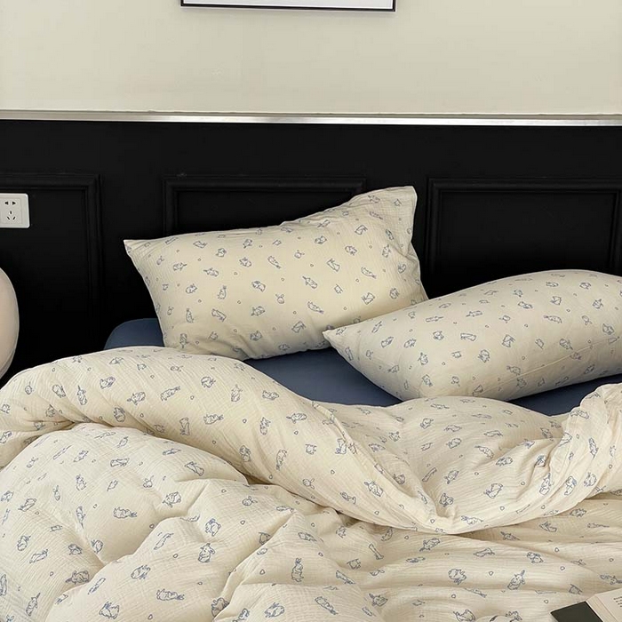 91家纺网 家纺一手货源 找家纺 源启生活 2025新款全棉A类双层皱皱纱四件套 奶油兔兔