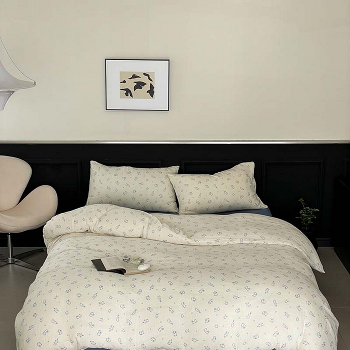 91家纺网 家纺一手货源 找家纺 源启生活 2025新款全棉A类双层皱皱纱四件套 奶油兔兔