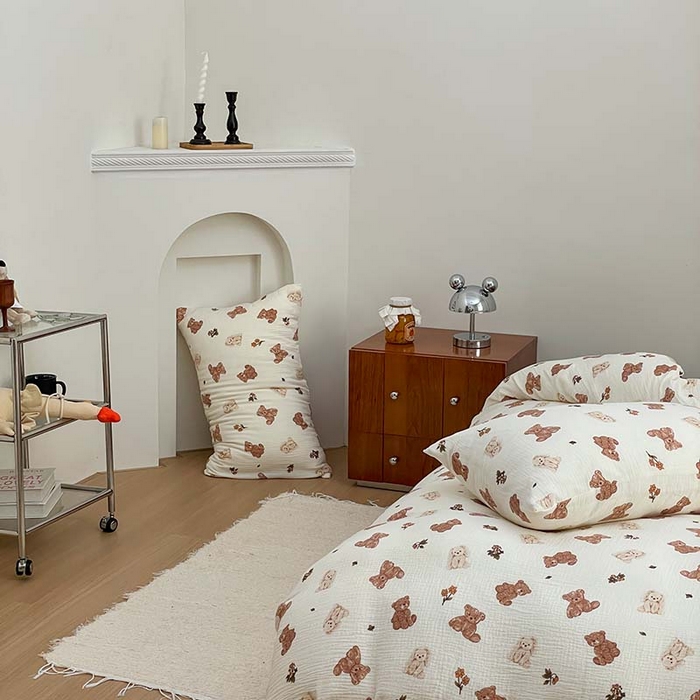 91家纺网 家纺一手货源 找家纺 源启生活 2025新款全棉A类双层皱皱纱四件套 呆萌熊