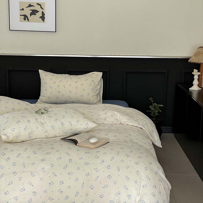 91家纺网 家纺一手货源 找家纺 源启生活 2025新款全棉A类双层皱皱纱四件套 奶油兔兔