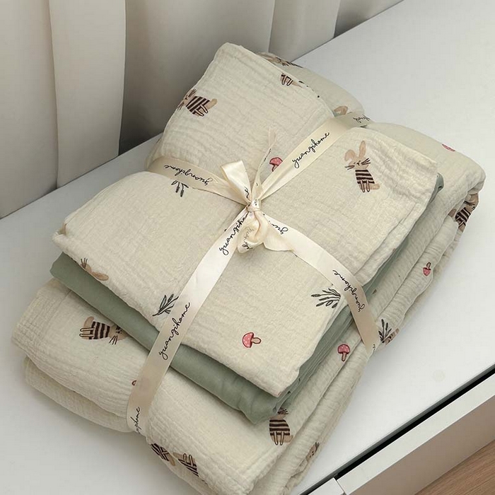 91家纺网 家纺一手货源 找家纺 源启生活 2025新款全棉A类双层皱皱纱四件套 兔斯基