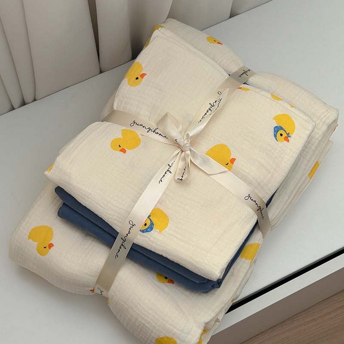 91家纺网 家纺一手货源 找家纺 源启生活 2025新款全棉A类双层皱皱纱四件套 小黄鸭