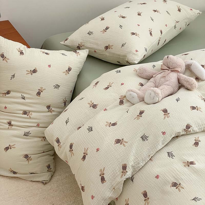 91家纺网 家纺一手货源 找家纺 源启生活 2025新款全棉A类双层皱皱纱四件套 兔斯基