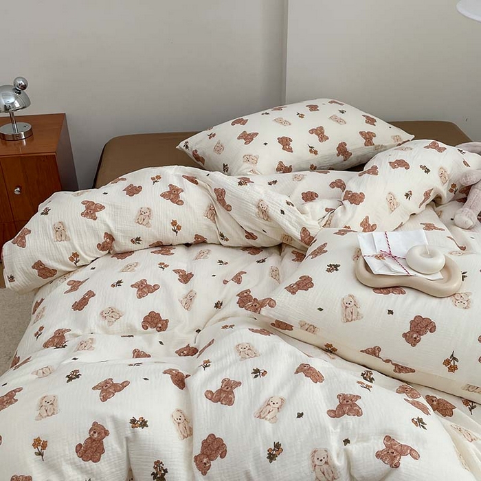 91家纺网 家纺一手货源 找家纺 源启生活 2025新款全棉A类双层皱皱纱四件套 呆萌熊