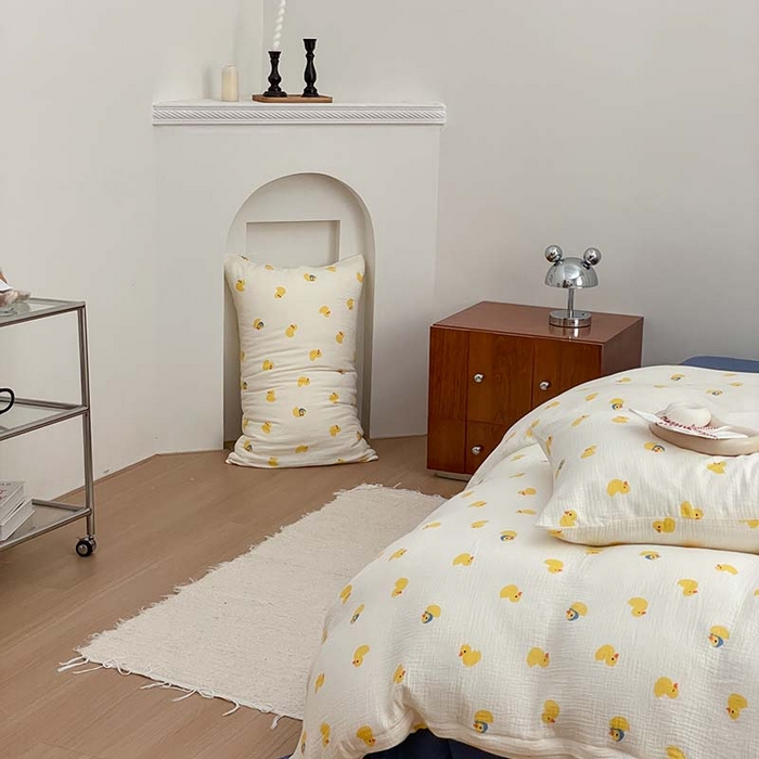 91家纺网 家纺一手货源 找家纺 源启生活 2025新款全棉A类双层皱皱纱四件套 小黄鸭