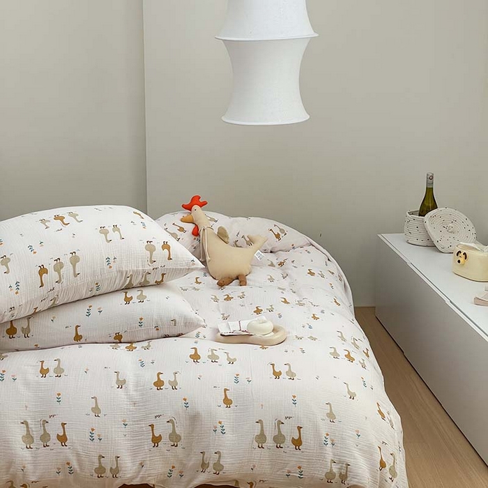 91家纺网 家纺一手货源 找家纺 源启生活 2025新款全棉A类双层皱皱纱四件套 乖乖鸭