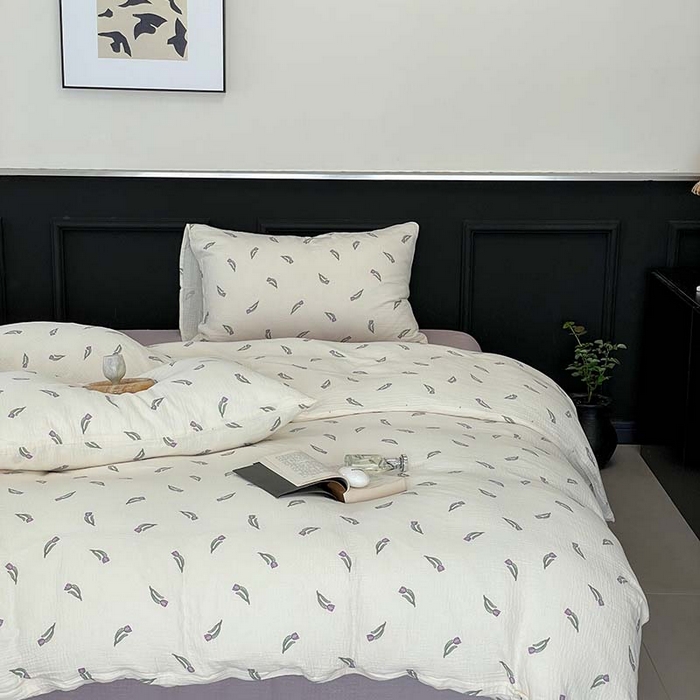 91家纺网 家纺一手货源 找家纺 源启生活 2025新款全棉A类双层皱皱纱四件套 紫郁