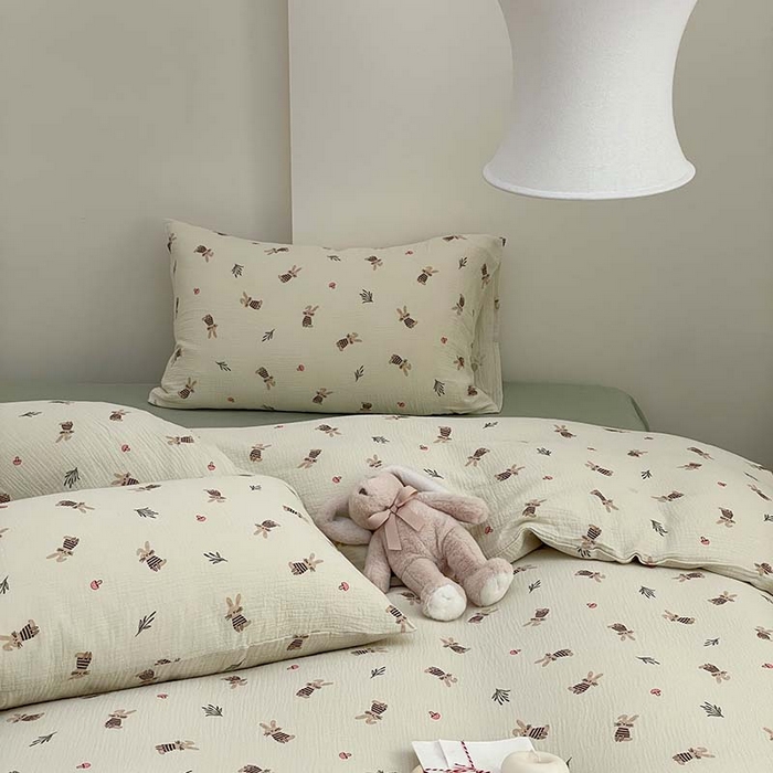 91家纺网 家纺一手货源 找家纺 源启生活 2025新款全棉A类双层皱皱纱四件套 兔斯基