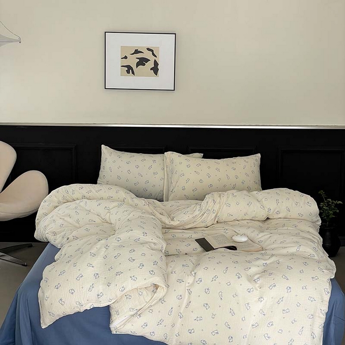 91家纺网 家纺一手货源 找家纺 源启生活 2025新款全棉A类双层皱皱纱四件套 奶油兔兔