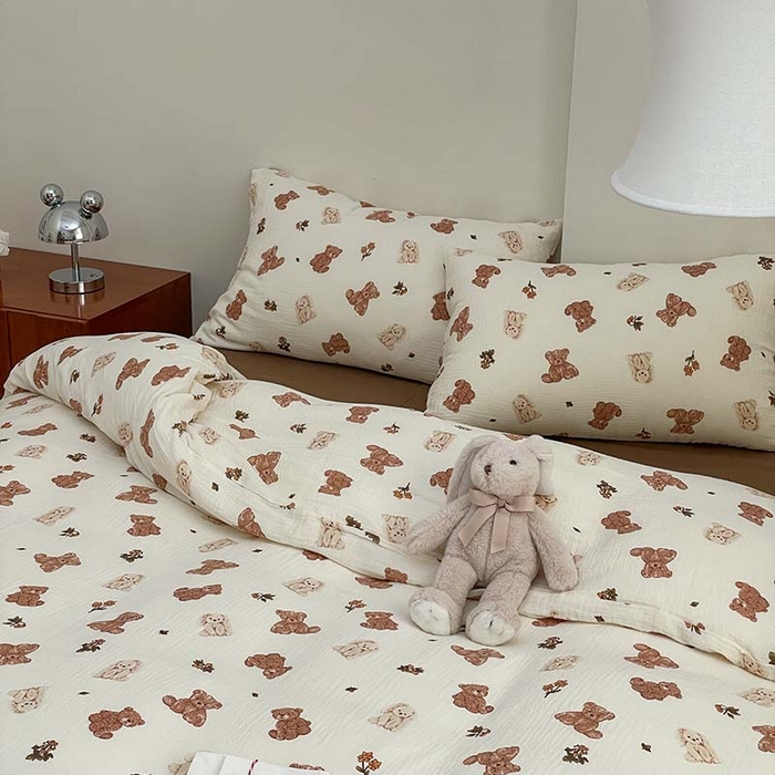 91家纺网 家纺一手货源 找家纺 源启生活 2025新款全棉A类双层皱皱纱四件套 呆萌熊