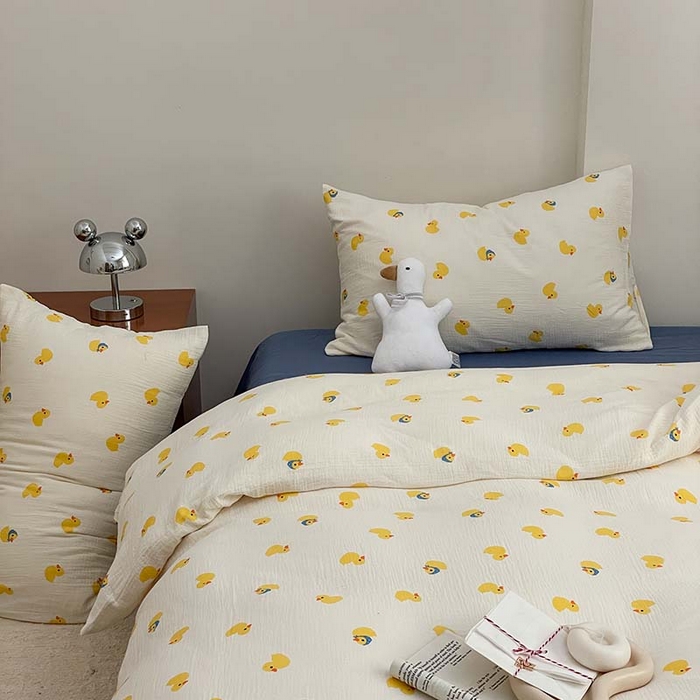 91家纺网 家纺一手货源 找家纺 源启生活 2025新款全棉A类双层皱皱纱四件套 小黄鸭