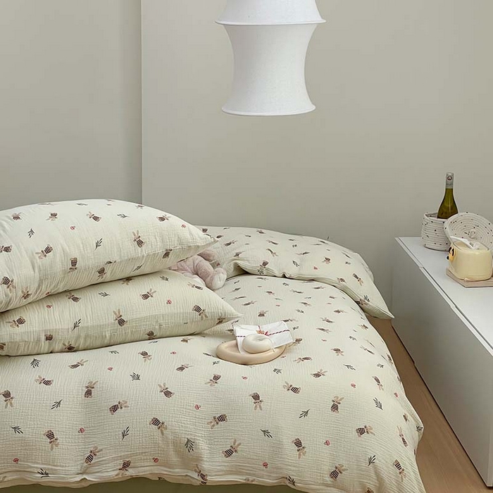 91家纺网 家纺一手货源 找家纺 源启生活 2025新款全棉A类双层皱皱纱四件套 兔斯基