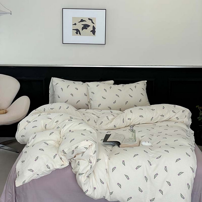 91家纺网 家纺一手货源 找家纺 源启生活 2025新款全棉A类双层皱皱纱四件套 紫郁