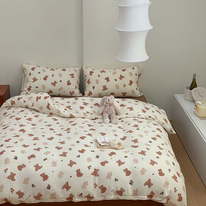 91家纺网 家纺一手货源 找家纺 源启生活 2025新款全棉A类双层皱皱纱四件套 呆萌熊