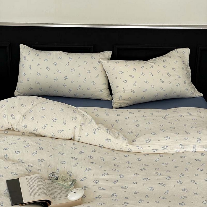 91家纺网 家纺一手货源 找家纺 源启生活 2025新款全棉A类双层皱皱纱四件套 奶油兔兔