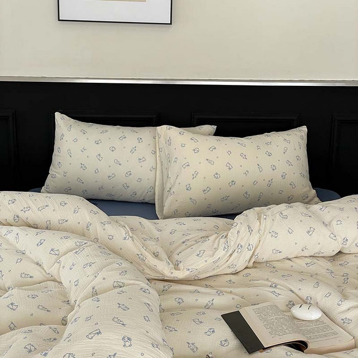 91家纺网 家纺一手货源 找家纺 源启生活 2025新款全棉A类双层皱皱纱四件套 奶油兔兔