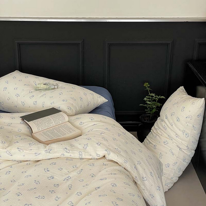 91家纺网 家纺一手货源 找家纺 源启生活 2025新款全棉A类双层皱皱纱四件套 奶油兔兔