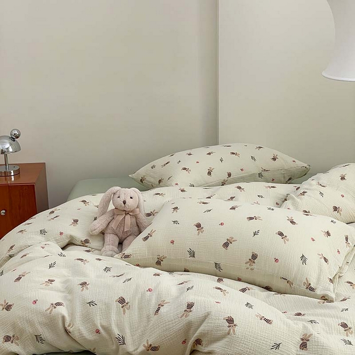 91家纺网 家纺一手货源 找家纺 源启生活 2025新款全棉A类双层皱皱纱四件套 兔斯基