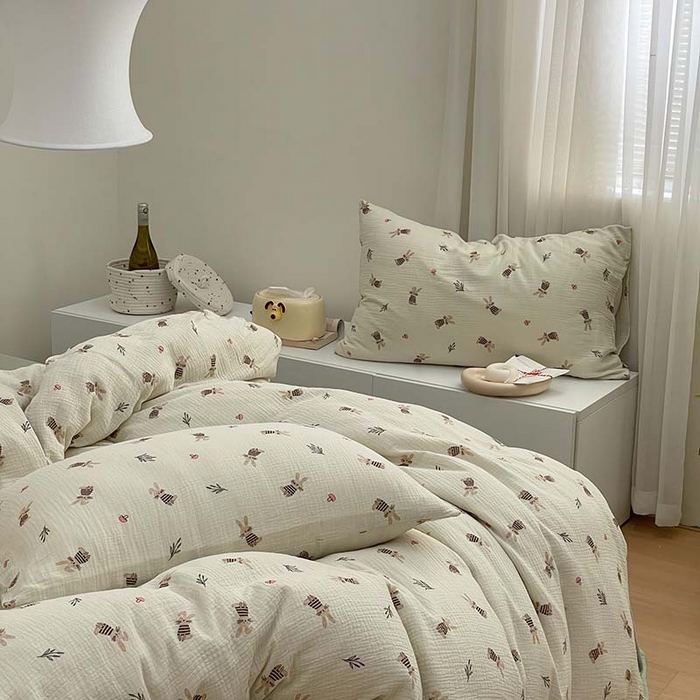 91家纺网 家纺一手货源 找家纺 源启生活 2025新款全棉A类双层皱皱纱四件套 兔斯基