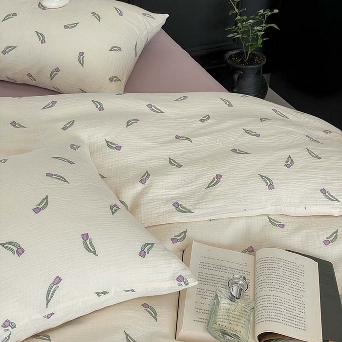 91家纺网 家纺一手货源 找家纺 源启生活 2025新款全棉A类双层皱皱纱四件套 紫郁