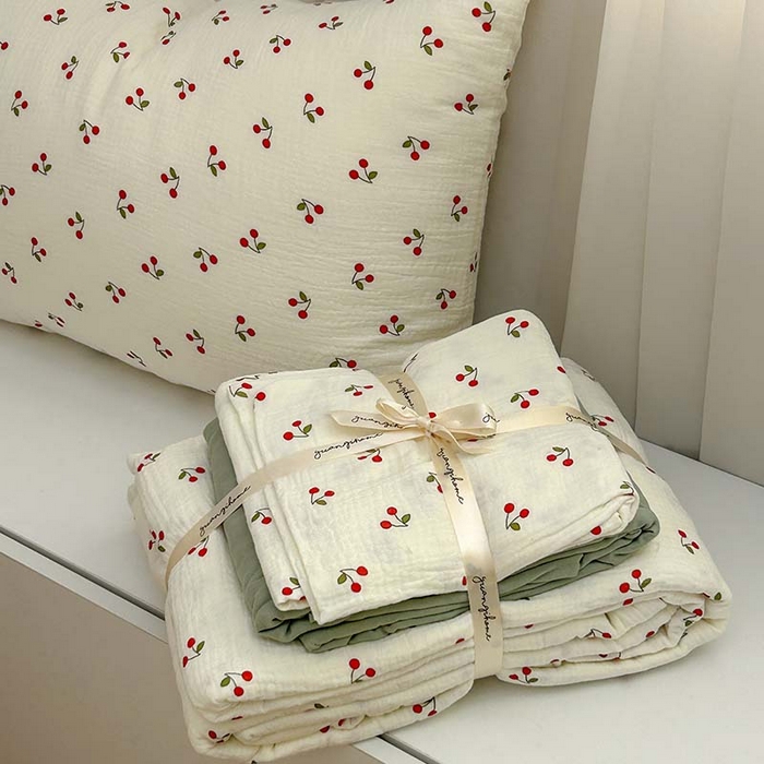 91家纺网 家纺一手货源 找家纺 源启生活 2025新款全棉A类双层皱皱纱四件套 樱桃树