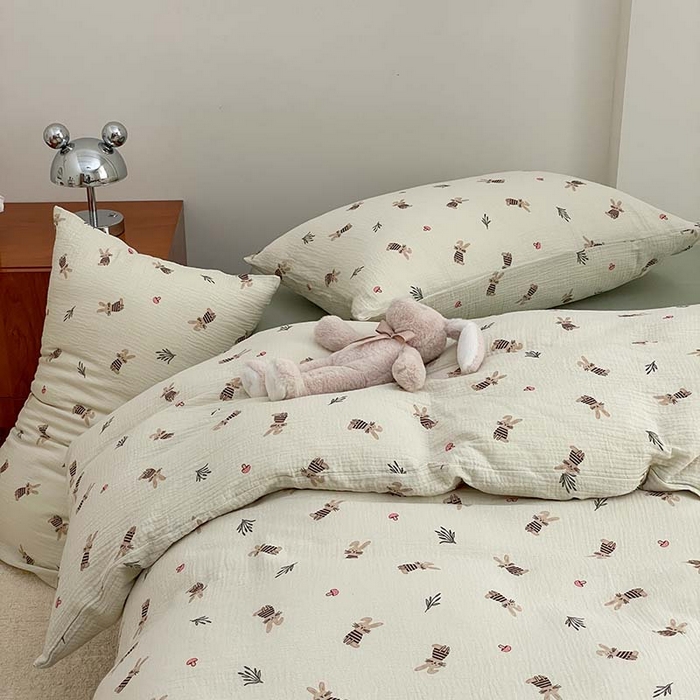 91家纺网 家纺一手货源 找家纺 源启生活 2025新款全棉A类双层皱皱纱四件套 兔斯基