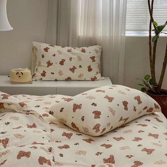 91家纺网 家纺一手货源 找家纺 源启生活 2025新款全棉A类双层皱皱纱四件套 呆萌熊