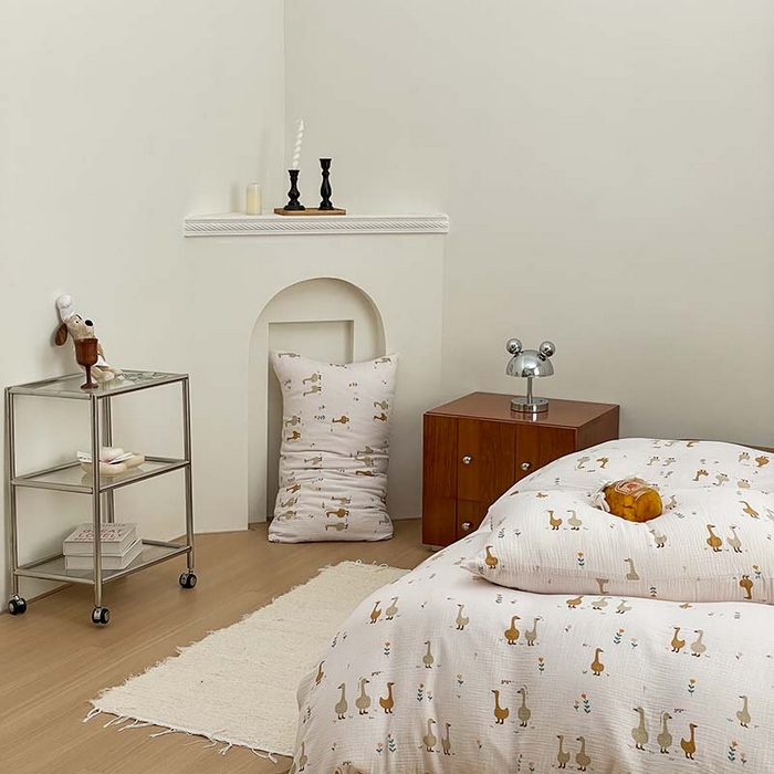 91家纺网 家纺一手货源 找家纺 源启生活 2025新款全棉A类双层皱皱纱四件套 乖乖鸭