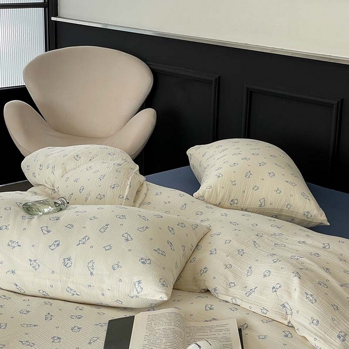 91家纺网 家纺一手货源 找家纺 源启生活 2025新款全棉A类双层皱皱纱四件套 奶油兔兔