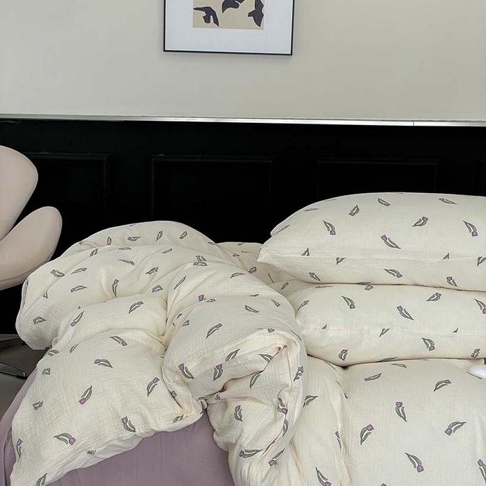 91家纺网 家纺一手货源 找家纺 源启生活 2025新款全棉A类双层皱皱纱四件套 紫郁